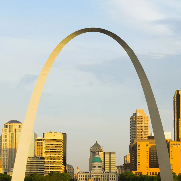 Gateway Arch monument and St. Louis skyline Missouri travel image.