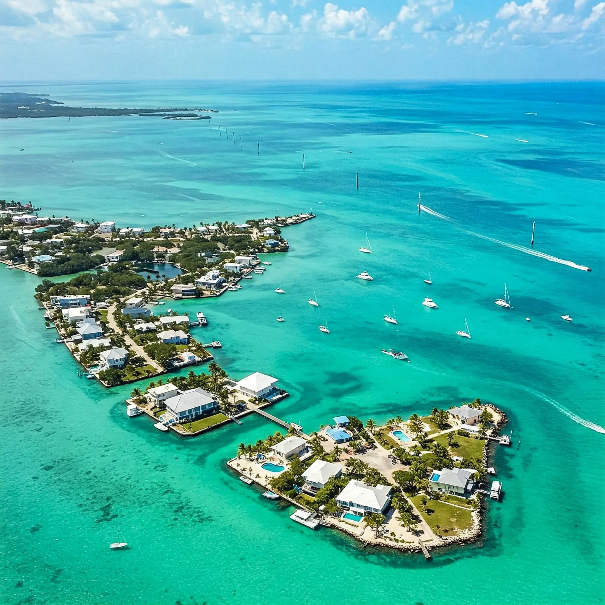 Aerial drone photograph of Florida Keys tropical islands and turquoise ocean reefs.