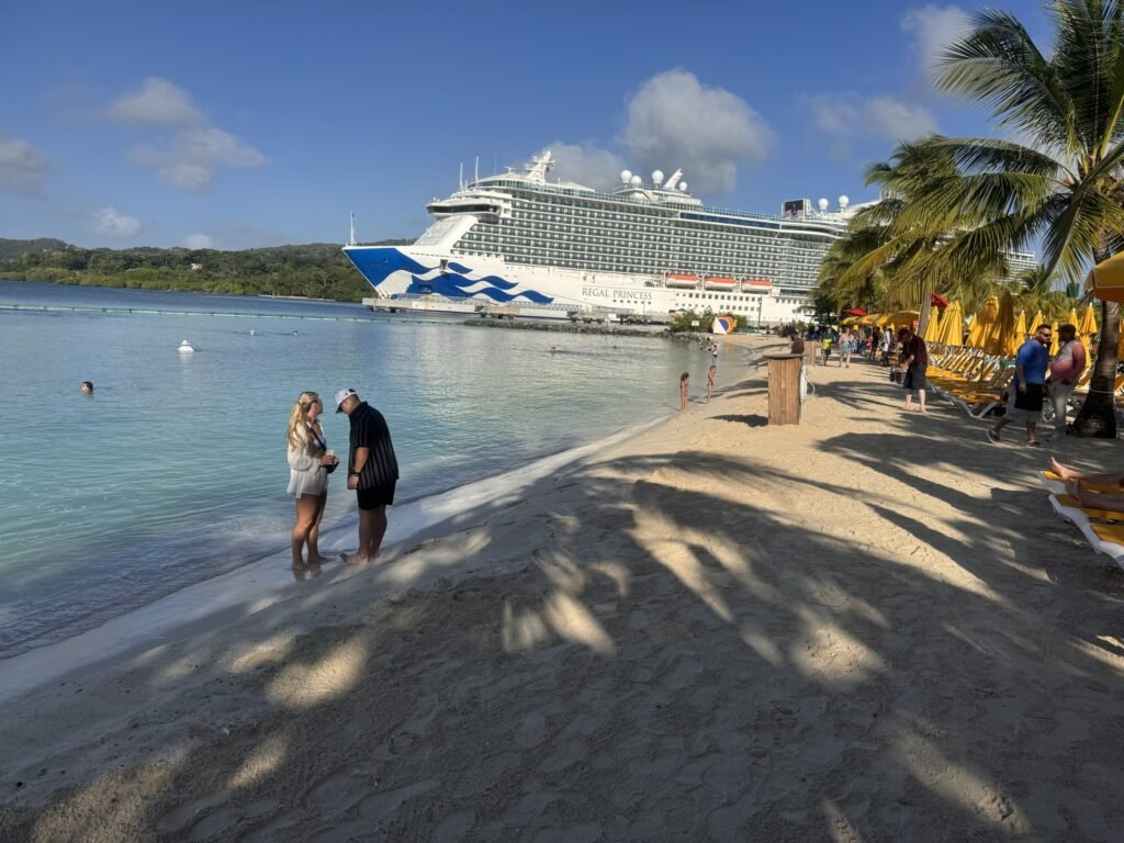Princess Cruises ship docked at Mahogany Bay Roatan beach port in the Caribbean.